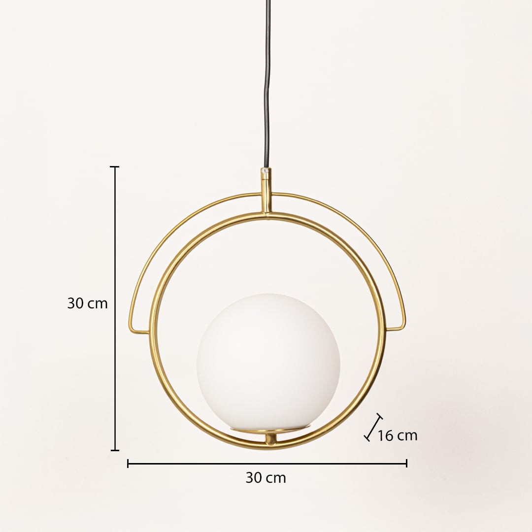 A gold circular pendant with a white globe showing size details clearly marked as 30 cm height 30 cm width and 16 cm depth against a plain background.