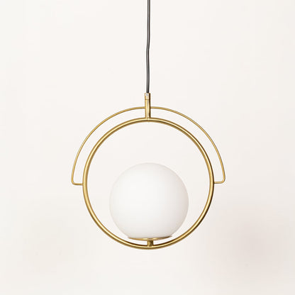 A gold ring pendant with a smooth white sphere displayed against a white background with the sphere unlit showing the light is switched off.