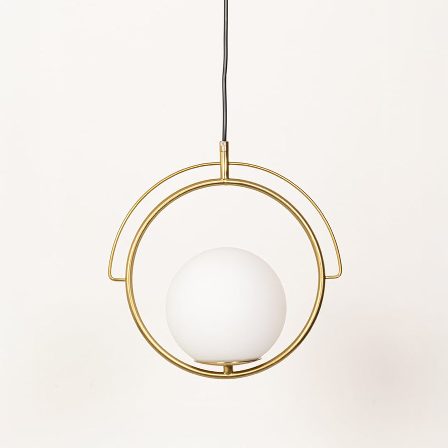 A gold ring pendant with a smooth white sphere displayed against a white background with the sphere unlit showing the light is switched off.