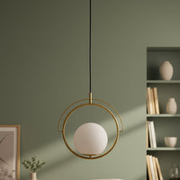 Gold metal ring pendant light with warm glow enhancing stylish living room decor spaces.