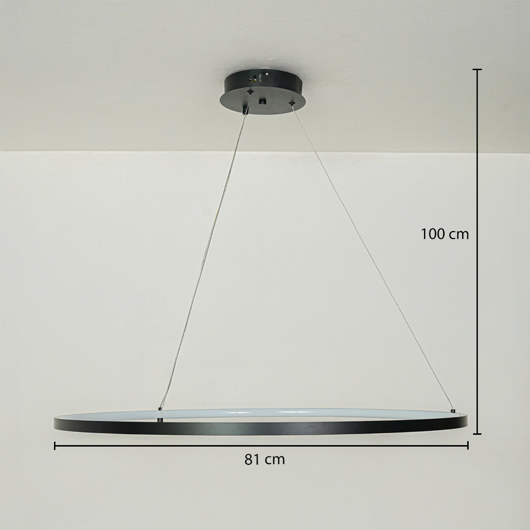 Minimal black circular pendant light with slim metal frame suspended on white ceiling background 81 cm diameter with 100 cm adjustable hanging height for modern interiors.