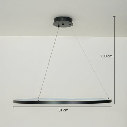 Minimal black circular pendant light with slim metal frame suspended on white ceiling background 81 cm diameter with 100 cm adjustable hanging height for modern interiors.