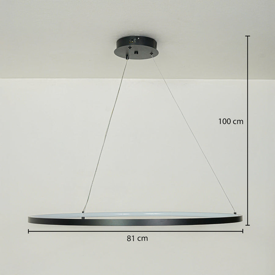 Minimal black circular pendant light with slim metal frame suspended on white ceiling background 81 cm diameter with 100 cm adjustable hanging height for modern interiors.