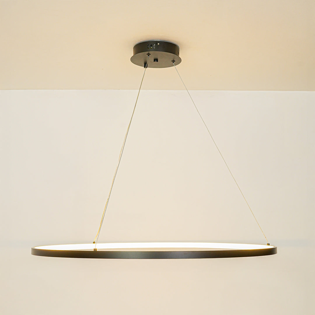 Contemporary slim linear pendant light with cable suspension hanging against clean white ceiling background ideal for modern home lighting.
