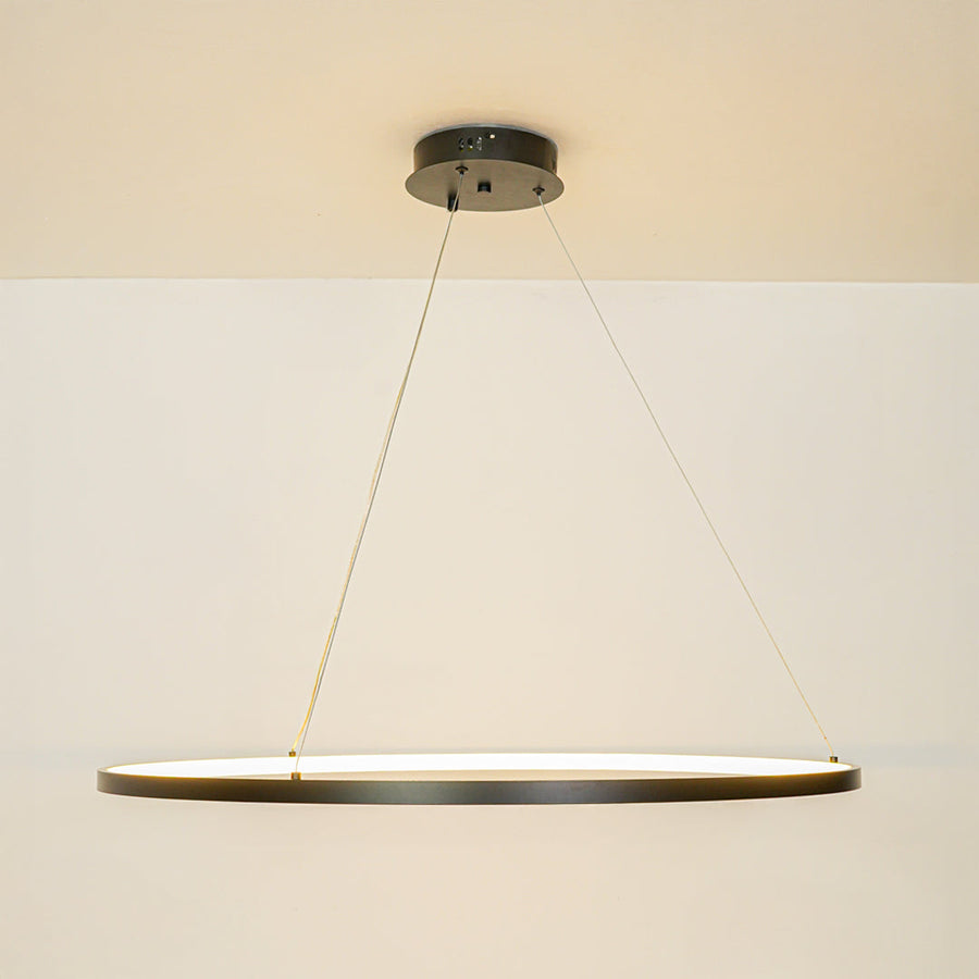 Contemporary slim linear pendant light with cable suspension hanging against clean white ceiling background ideal for modern home lighting.