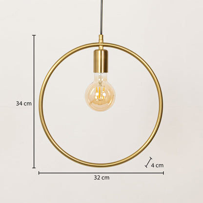 Gold metal ring pendant light dimension image with 32 cm width and 34 cm height for luxury bedside placement.