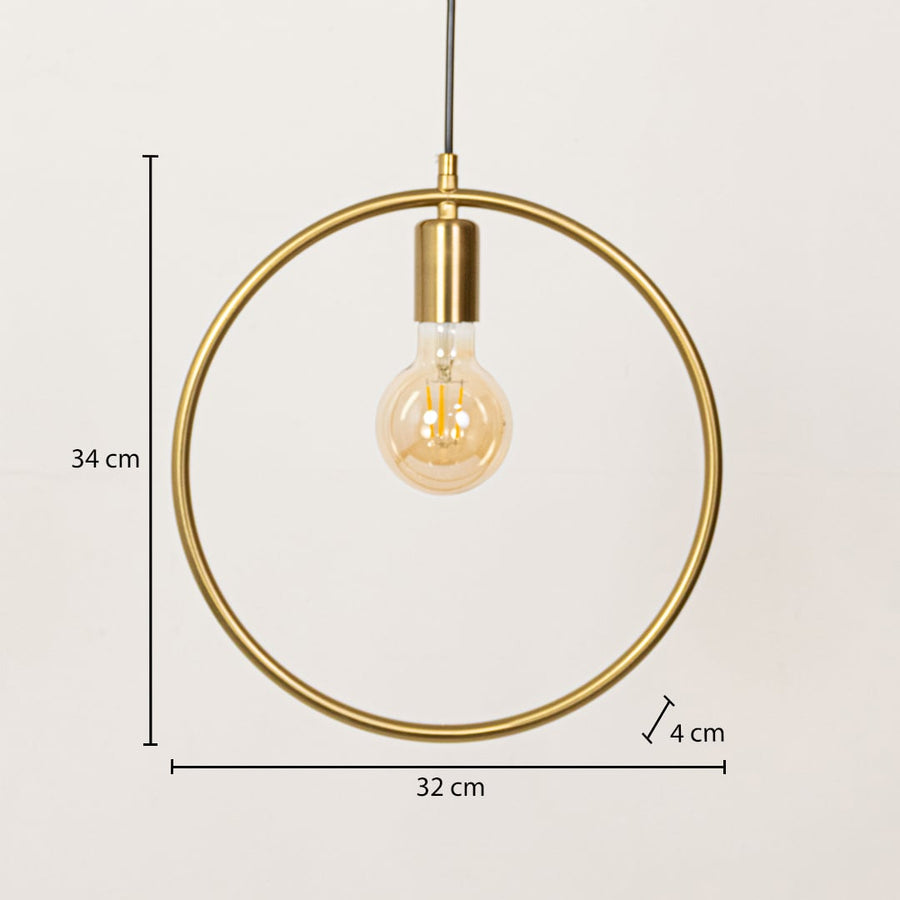Gold metal ring pendant light dimension image with 32 cm width and 34 cm height for luxury bedside placement.