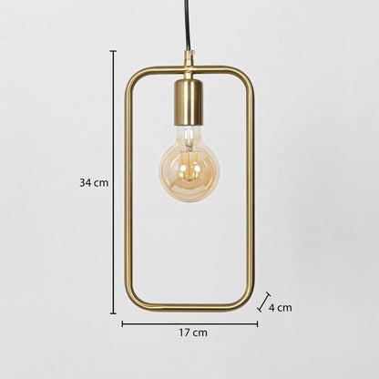 Gold metal frame pendant light dimension image with 17 cm width and 34 cm height for modern bedside placement.