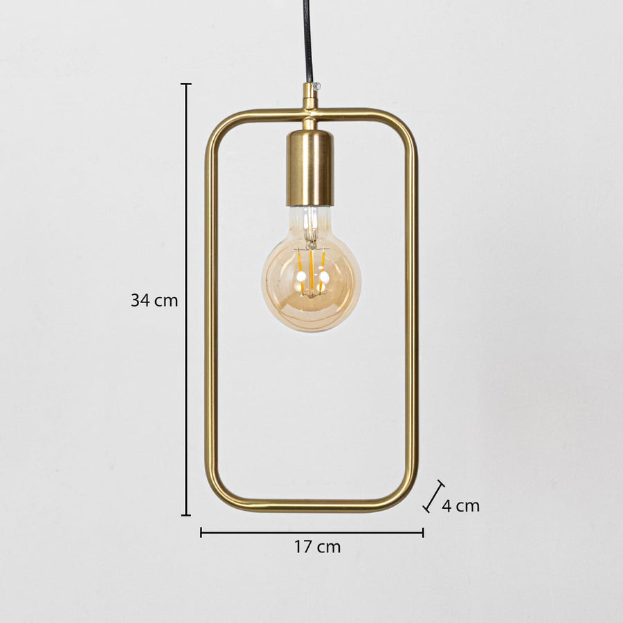 Gold metal frame pendant light dimension image with 17 cm width and 34 cm height for modern bedside placement.