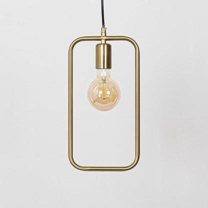 Amber glass and gold metal pendant light with rectangular frame for modern dining room decor.