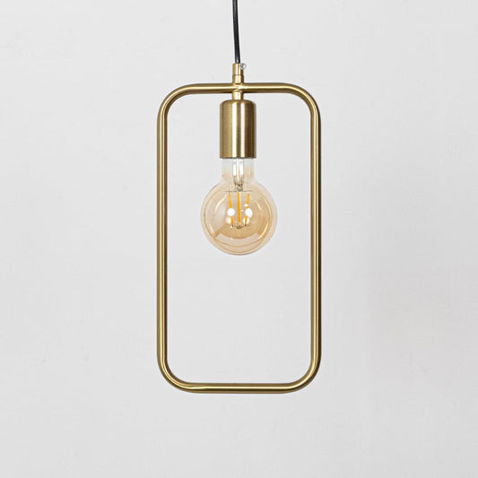 Pendant light turned off on white background showcasing minimalist metal frame structure and exposed bulb styling.