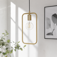 Amber glass and gold metal pendant light with open frame adding elegance to bright interiors.