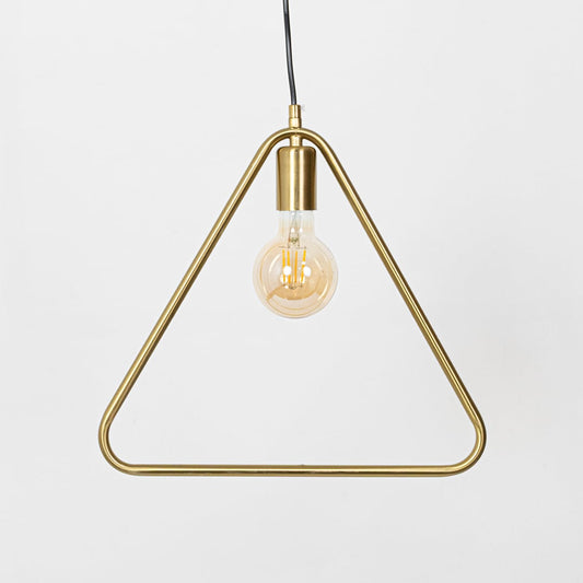 A minimal triangle pendant light photographed with the bulb off showing its 36 cm by 35 cm design and slim 4 cm depth on a plain white studio background.