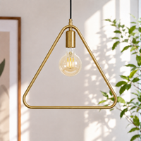 Gold metal triangle pendant light with exposed bulb adding warm elegance to bright modern interiors.