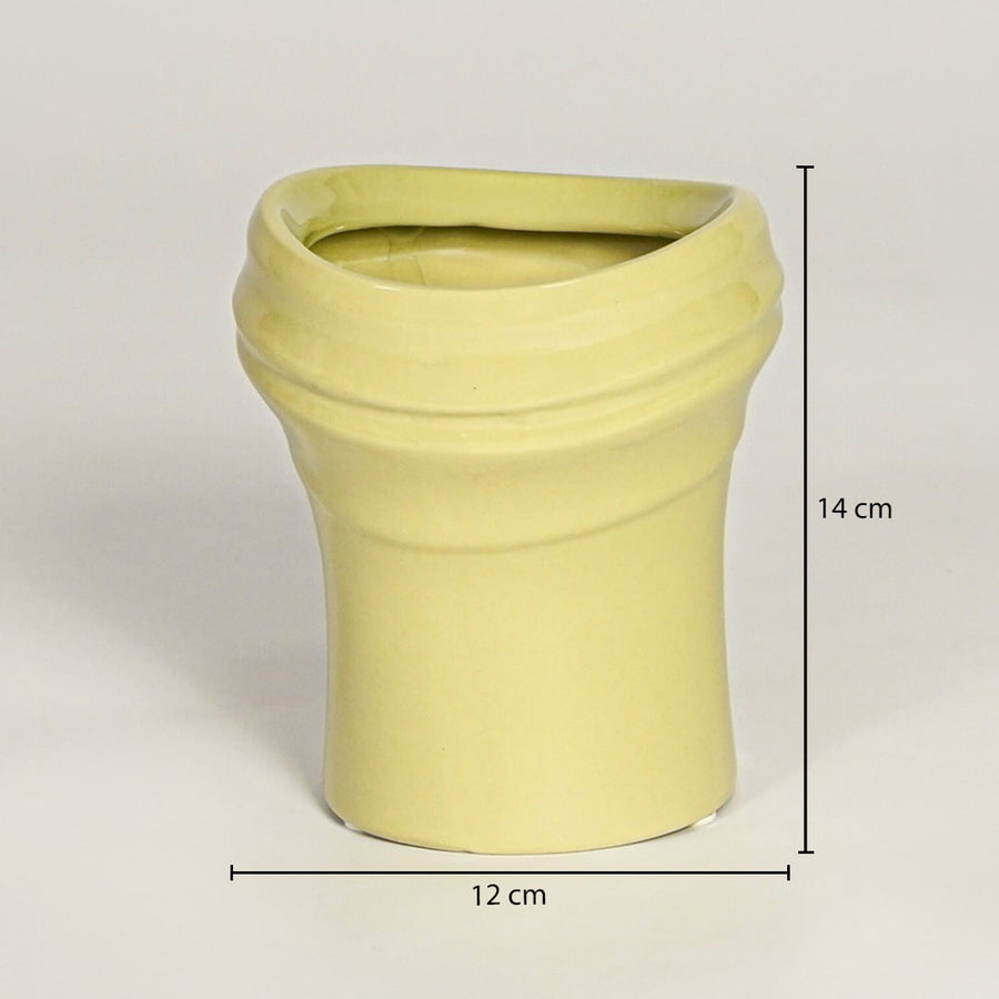 Yellow ceramic vase dimension image showing 14 cm height and 12 cm width suitable for compact tabletop decor placement.