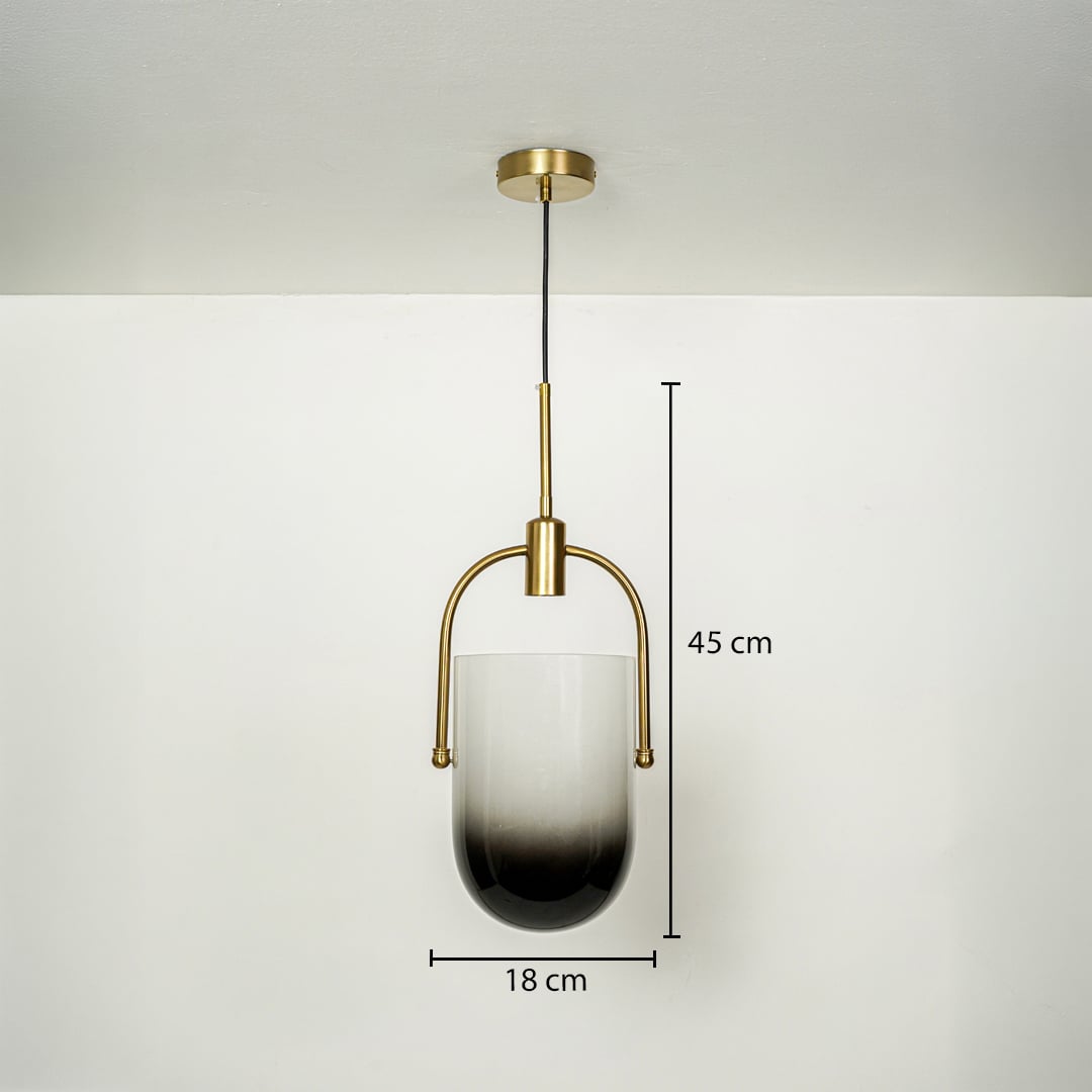 Dimension image of smoked ombre glass pendant light with brass frame showing 45 cm height and 18 cm width.
