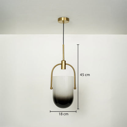 Dimension image of smoked ombre glass pendant light with brass frame showing 45 cm height and 18 cm width.