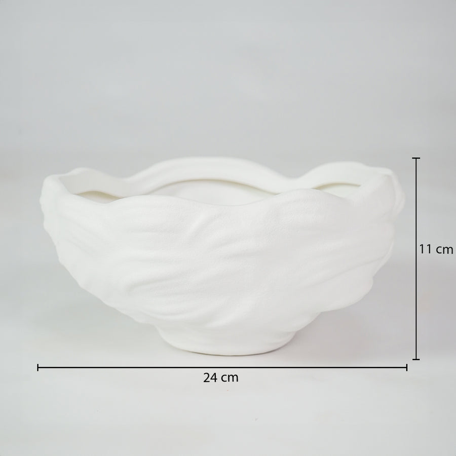 White textured ceramic planter bowl dimension image with 11 cm height and 24 cm width for table decor.