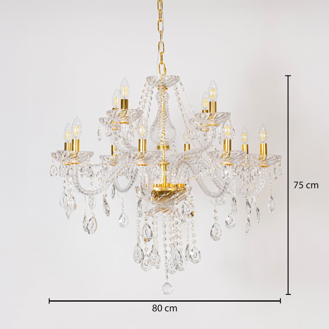 Crystal chandelier with gold detailing shown with 80 cm width and 75 cm height for stylish luxury home lighting.