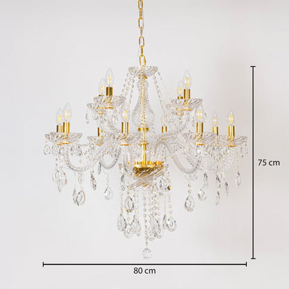 Crystal chandelier with gold detailing shown with 80 cm width and 75 cm height for stylish luxury home lighting.