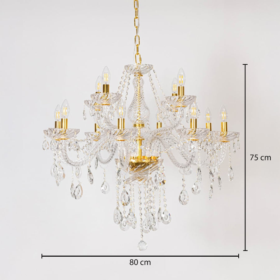 Crystal chandelier with gold detailing shown with 80 cm width and 75 cm height for stylish luxury home lighting.