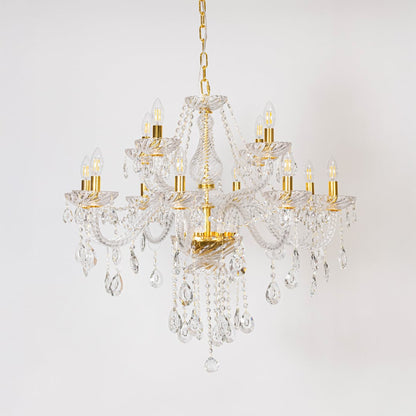 Classic chandelier with crystal detailing and gold finish displayed off on white background for stylish home lighting.
