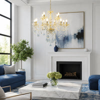 Clear crystal chandelier with sparkling crystal drops creating luxurious ambient lighting in an elegant modern living room.
