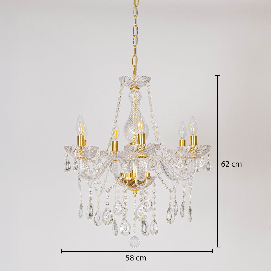 Crystal chandelier with gold detailing shown with 58 cm width and 62 cm height for luxury decorative lighting.