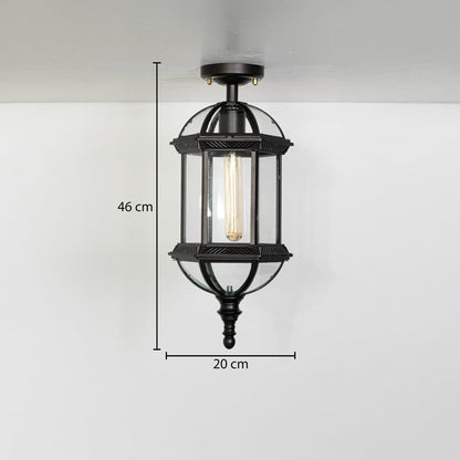 Black metal outdoor hanging lantern light measuring 46 cm height and 20 cm width suitable for porch balcony and entry ceilings.