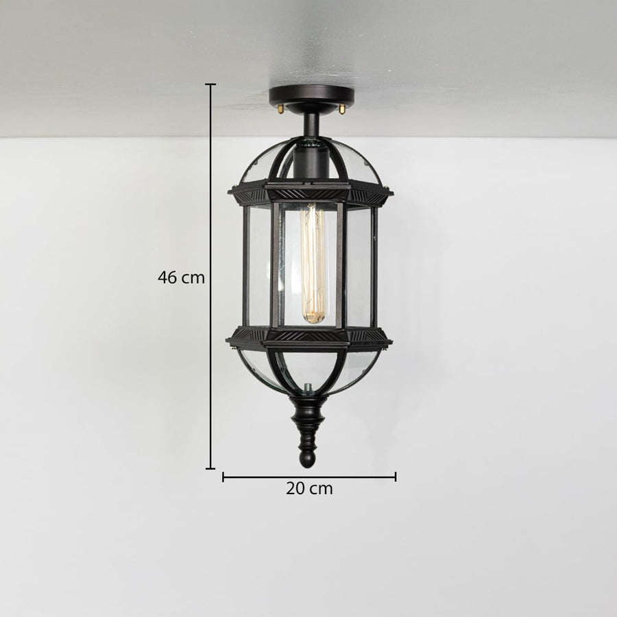 Black metal outdoor hanging lantern light measuring 46 cm height and 20 cm width suitable for porch balcony and entry ceilings.