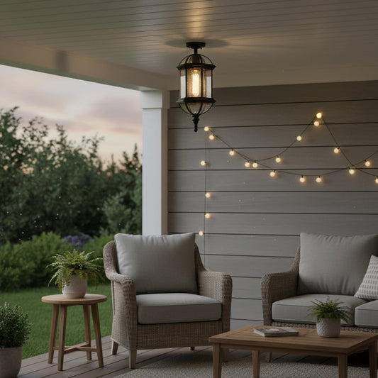Black metal outdoor hanging lantern light installed on ceiling adding classic ambient lighting to porch balcony and entryway Decor.