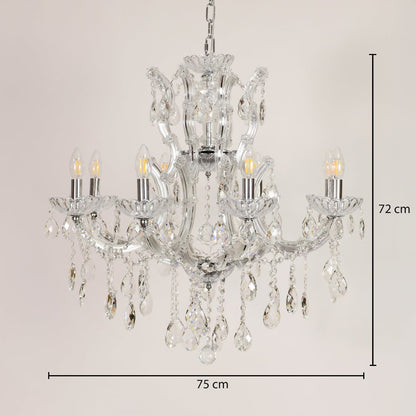 Crystal chandelier with chrome accents measuring 75 cm wide and 72 cm tall ideal for living and dining lighting.