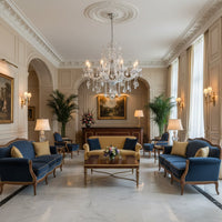 Elegant crystal glass chandelier with chrome accents adding luxury lighting style for living room and dining room decor.