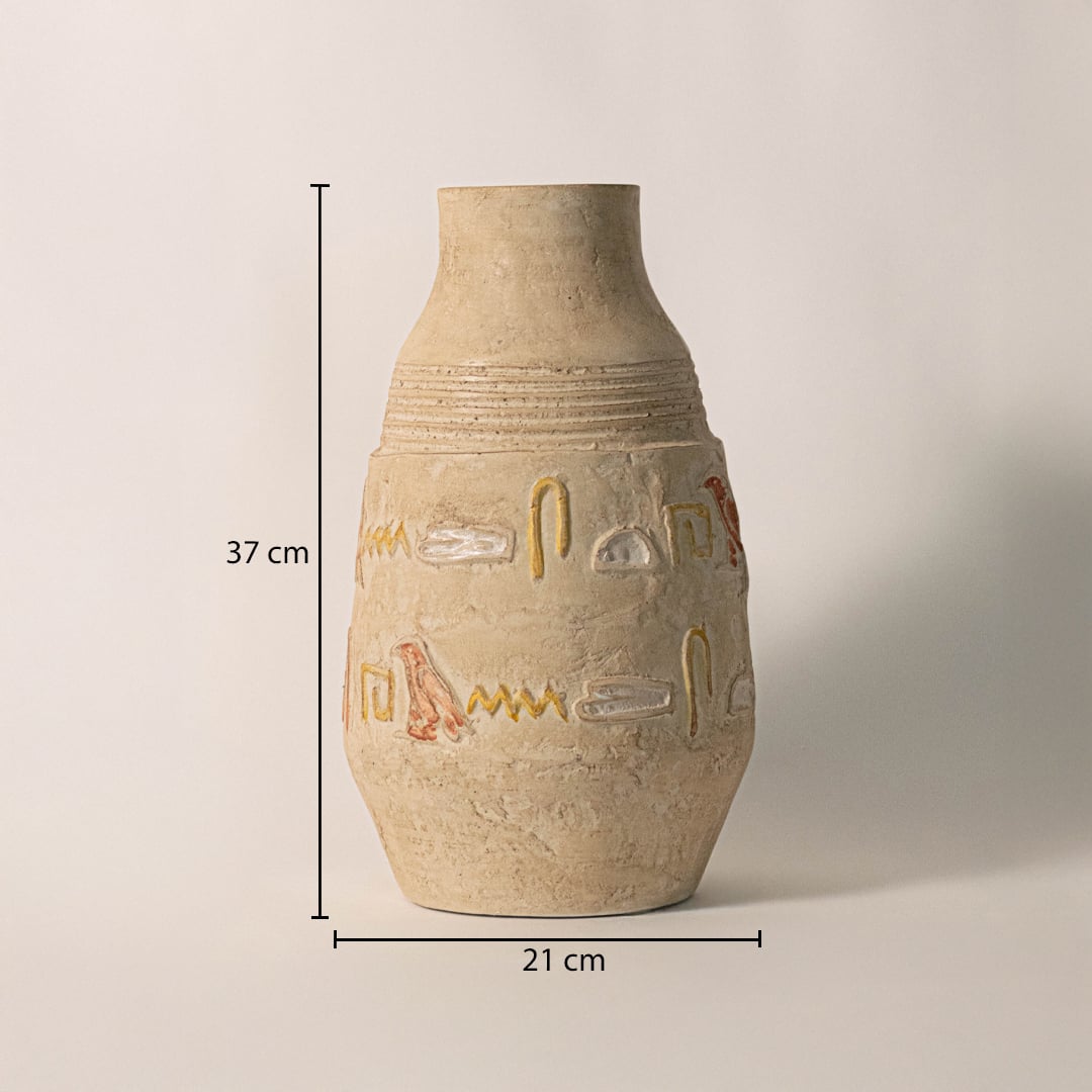 Hieroglyph vase measuring 37 cm in height and 21 cm in width - perfect for modern boho or rustic interiors.