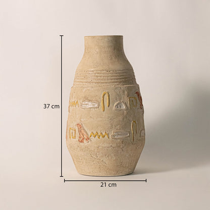 Hieroglyph vase measuring 37 cm in height and 21 cm in width - perfect for modern boho or rustic interiors.