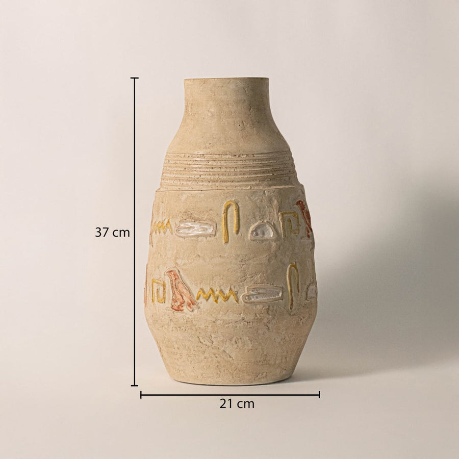 Hieroglyph vase measuring 37 cm in height and 21 cm in width - perfect for modern boho or rustic interiors.