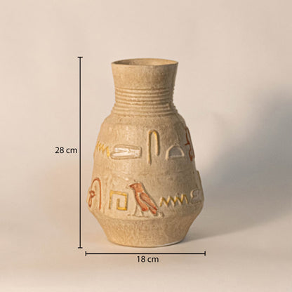 Small hieroglyph vase measuring 28 cm in height and 18 cm in width - perfect for compact modern decor spaces.