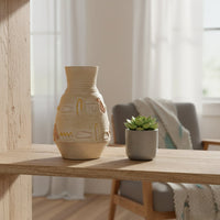 Small hieroglyph vase displayed on a wooden shelf beside a small succulent in a bright cozy modern living space.