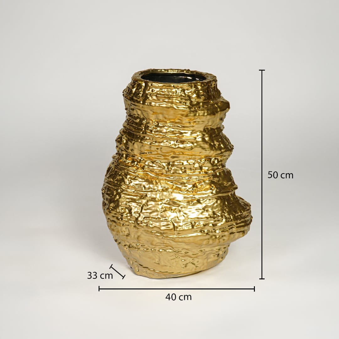 Gold metal floor vase 50 cm height 40 cm width ideal for living room corner and entryway decor.