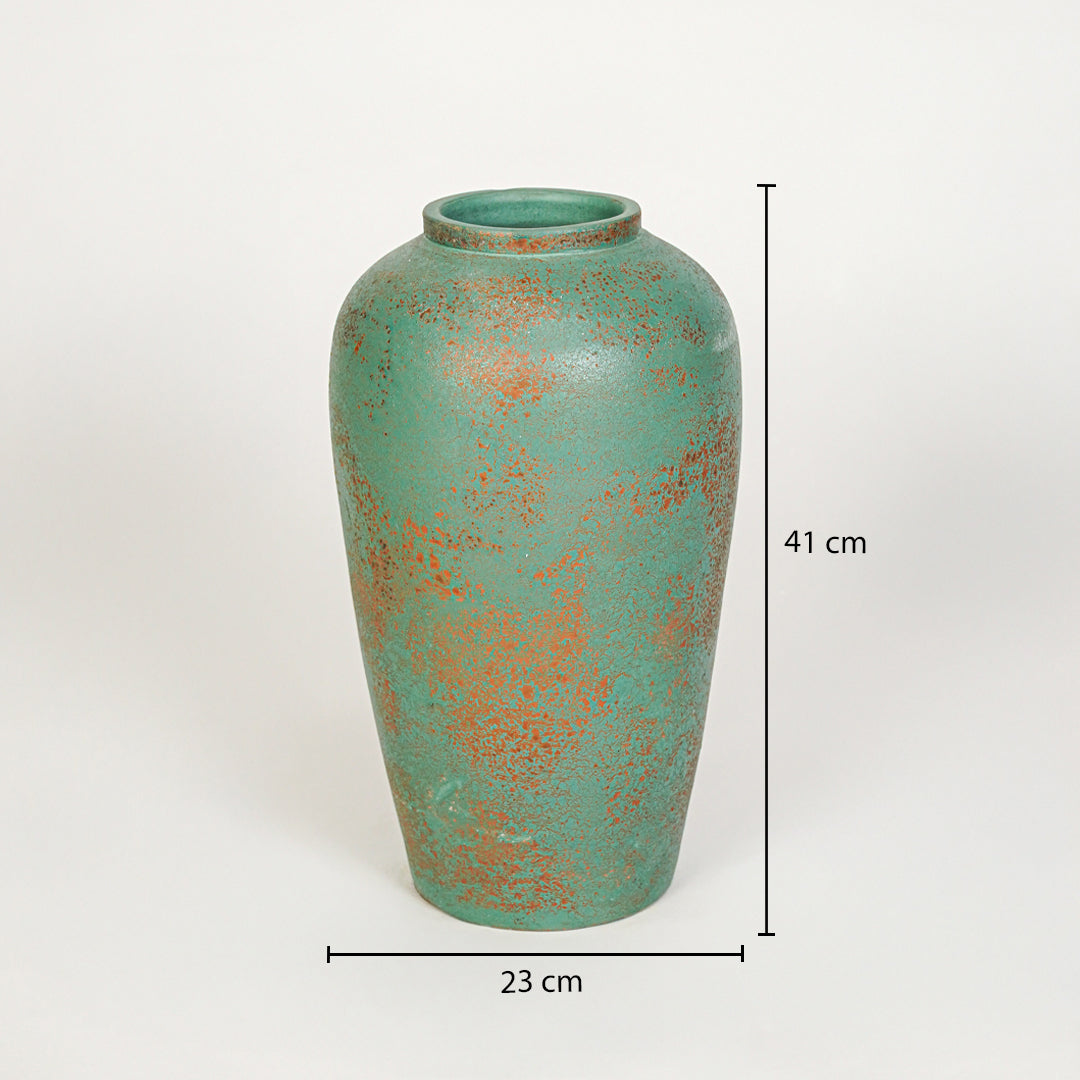Dimension image of green ceramic decorative vase for modern floor decor styling with textured artistic finish.