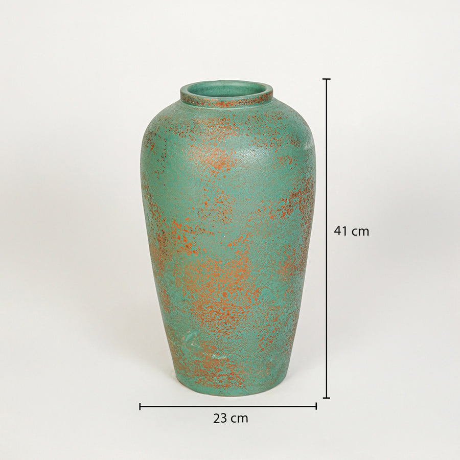 Dimension image of green ceramic decorative vase for modern floor decor styling with textured artistic finish.