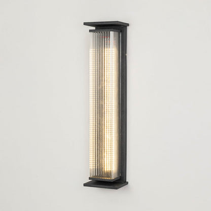 Modern outdoor wall light in black metal with ribbed diffuser displayed on white background highlighting sleek exterior lighting design.
