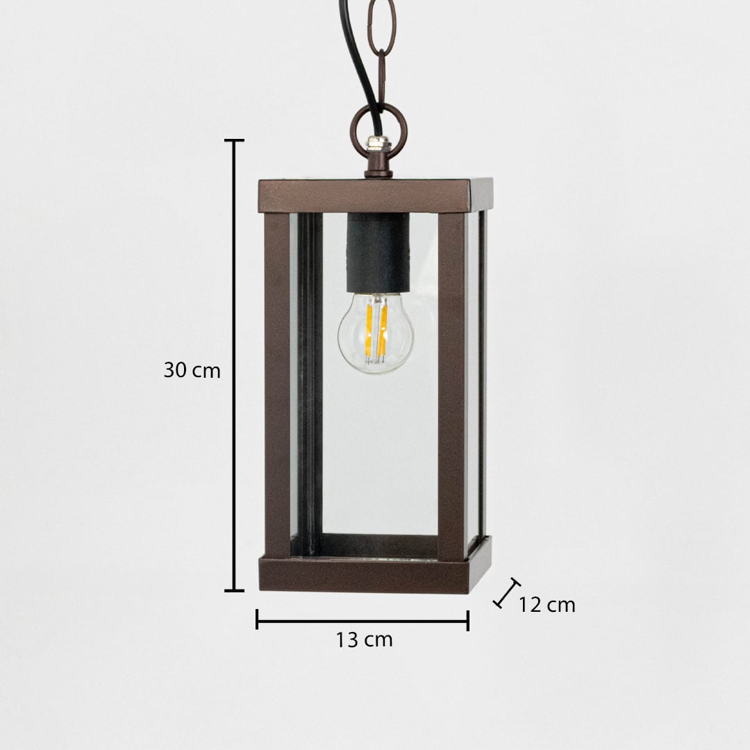 Rectangular brown hanging lantern light dimension image showing height 30 cm and width 13 cm with clear glass.