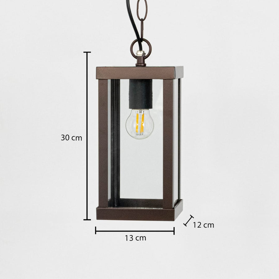 Rectangular brown hanging lantern light dimension image showing height 30 cm and width 13 cm with clear glass.