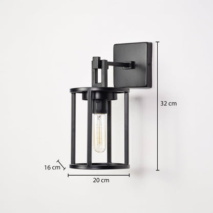 Black metal outdoor wall light dimension image with 32 cm height and clear glass shade for patio decor.