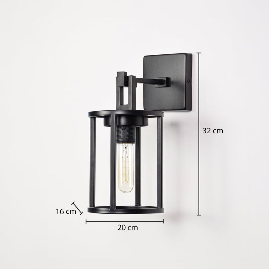 Black metal outdoor wall light dimension image with 32 cm height and clear glass shade for patio decor.
