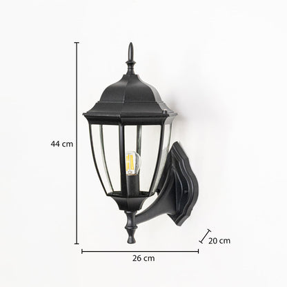 Black outdoor wall lantern 44cm height 20cm width upward facing dimension image showing vintage coach style exterior fixture.