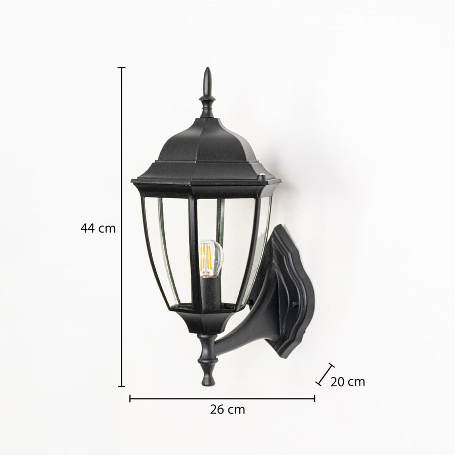 Black outdoor wall lantern 44cm height 20cm width upward facing dimension image showing vintage coach style exterior fixture.