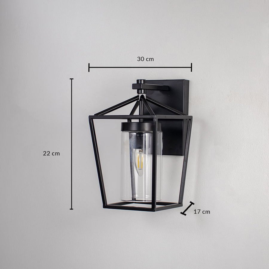 Black metal outdoor wall light dimension image with 27 cm height and clear glass shade for exterior decor.