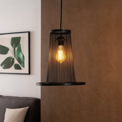 Tapered black wire pendant light adding industrial charm and soft illumination to elevate modern home interiors.